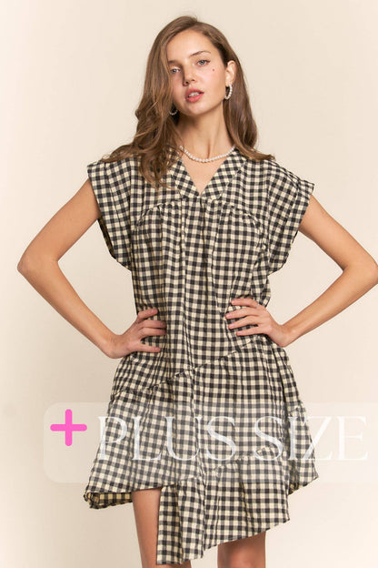 So Checkered V-Neck Short Sleeve Tiered Dress