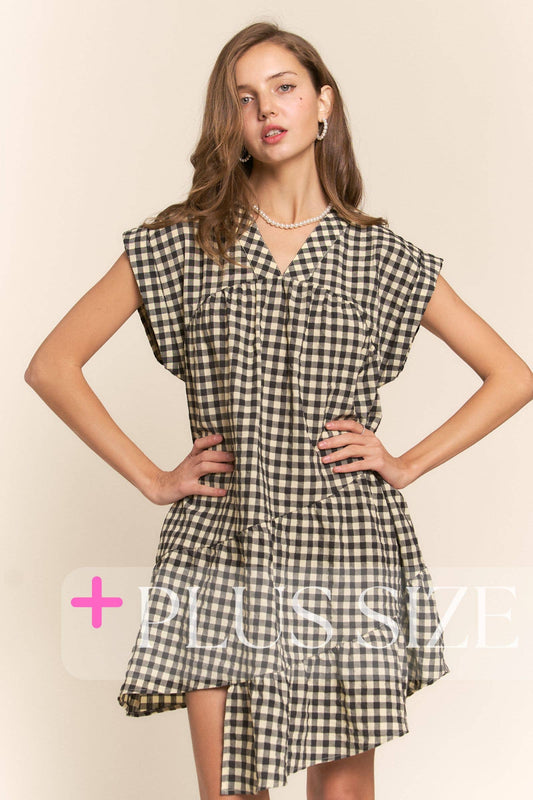 So Checkered V-Neck Short Sleeve Tiered Dress