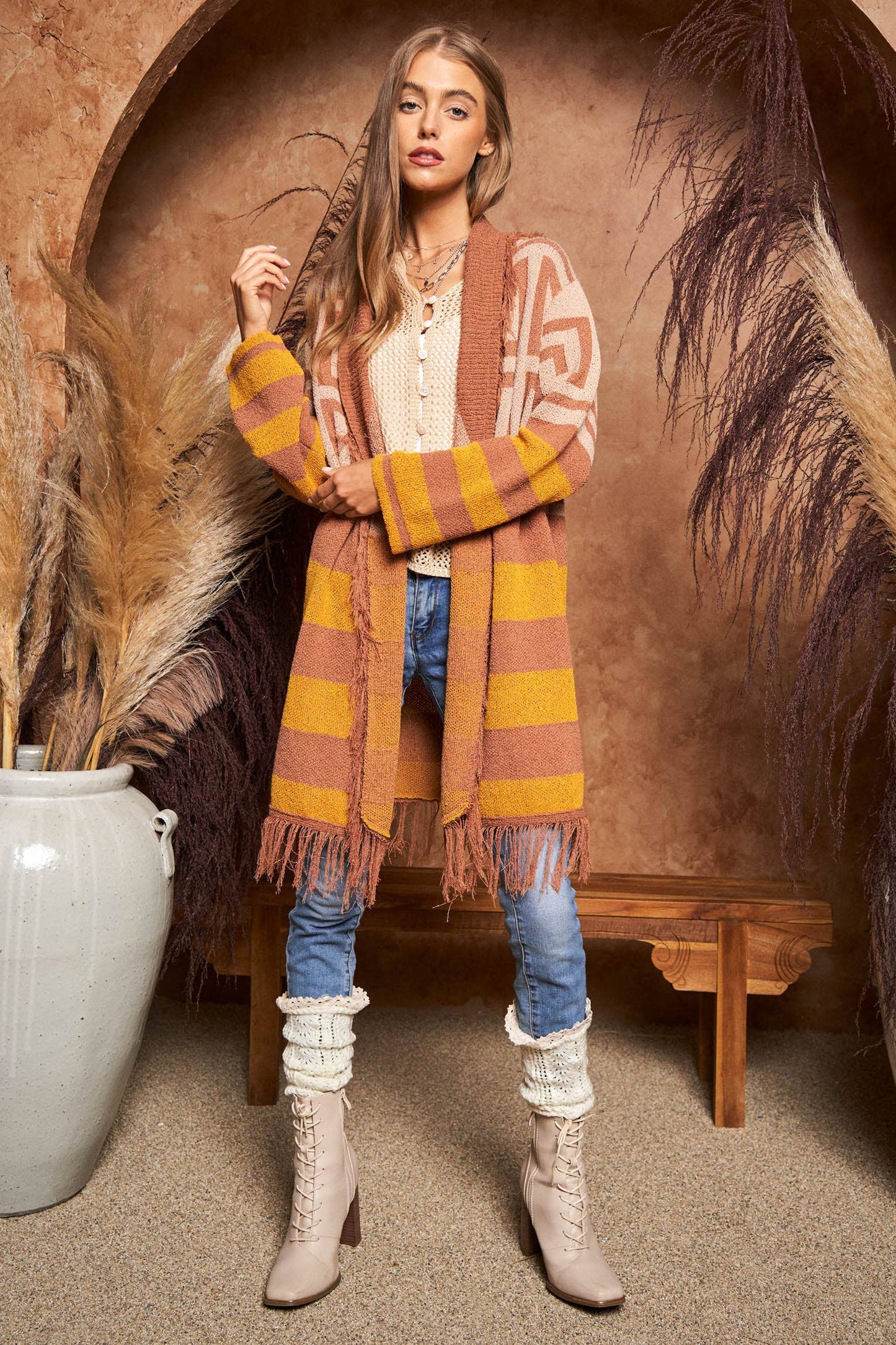 FRINGE GEOMETRIC STRIPE CARDIGAN