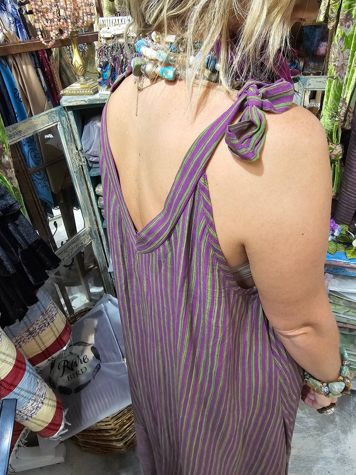 A Rare Bird Shop - Elegant Purple/Green Stripe Lace Dress