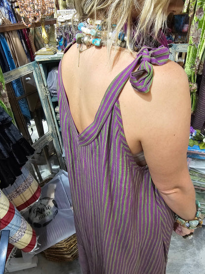 A Rare Bird Shop - Elegant Purple/Green Stripe Lace Dress