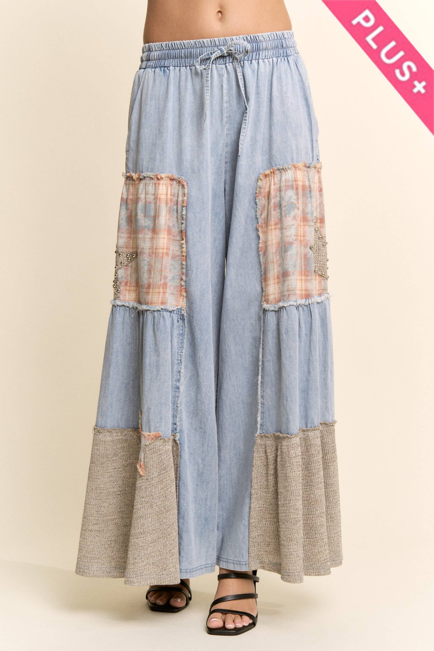 Davi & Dani - DENIM LACE BLOCKED WIDE LEG PANTS