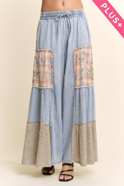 Davi & Dani - DENIM LACE BLOCKED WIDE LEG PANTS