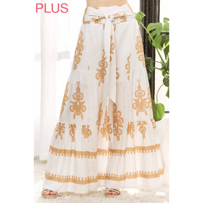 CURVY CHIC BOHO SELF BELTED WIDE LEG PANTS