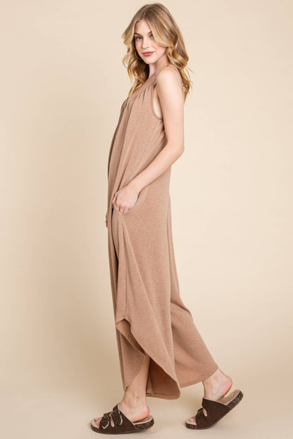 Camel Solid French Terry Wide Leg Jumpsuit
