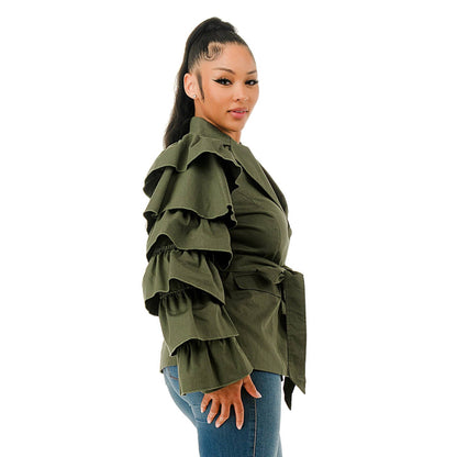 Layered Ruffle Sleeve Waist Tie Blazer Jacket