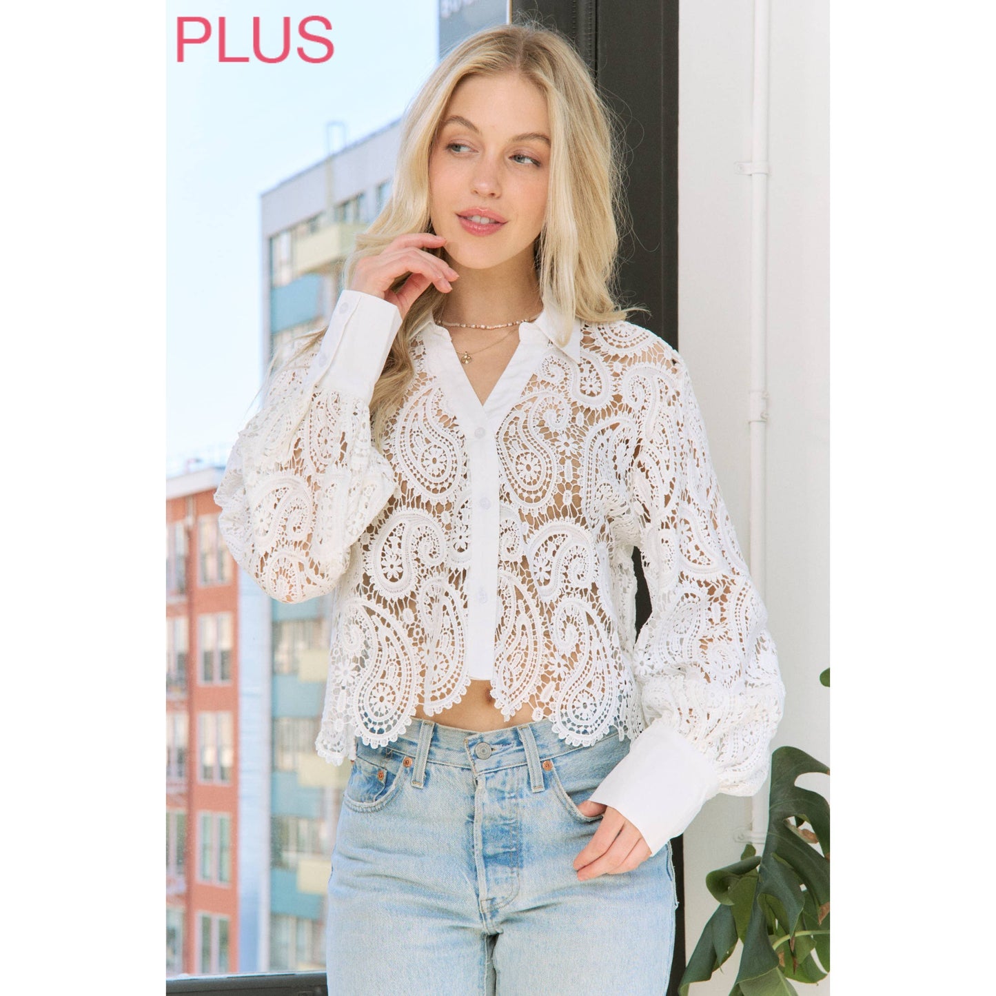 Sweet Generis - SHEER CROCHET SCALLOP EDGE CROP SHIRT BLOUSE