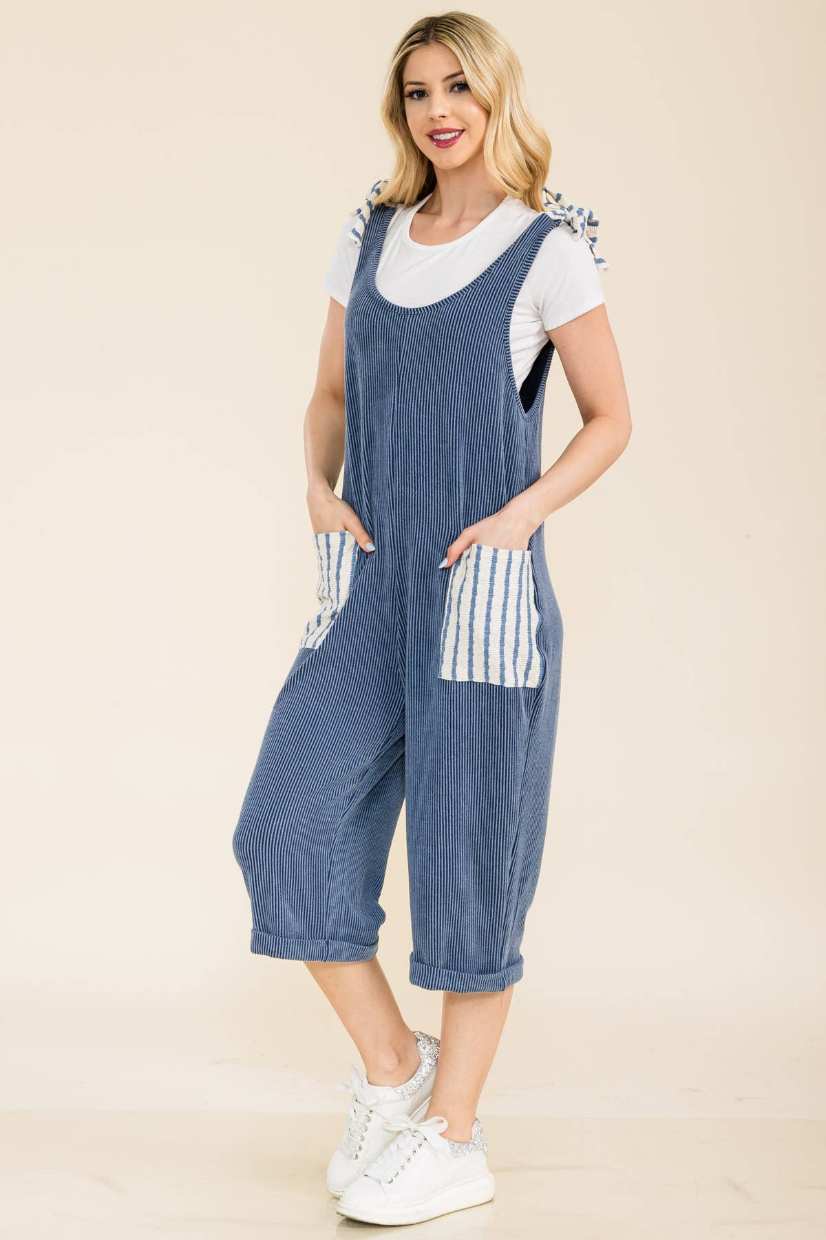DENIM STRIPE URBAN RIBBED CAPRI JUMPSUIT
