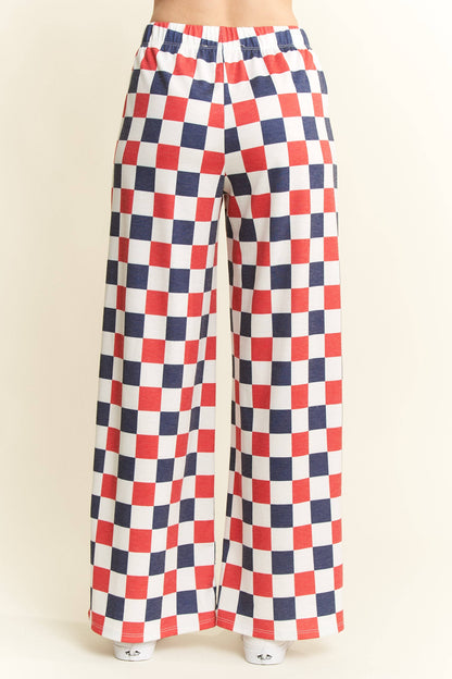 NAVY/WHITE HIGH WAIST CHECKERED KNIT PANTS