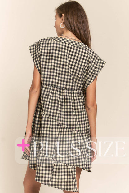 So Checkered V-Neck Short Sleeve Tiered Dress
