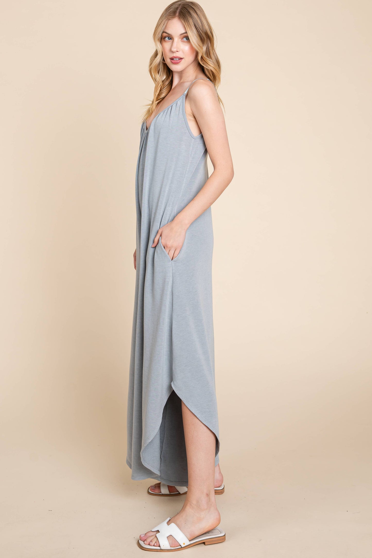 Camel Solid French Terry Wide Leg Jumpsuit