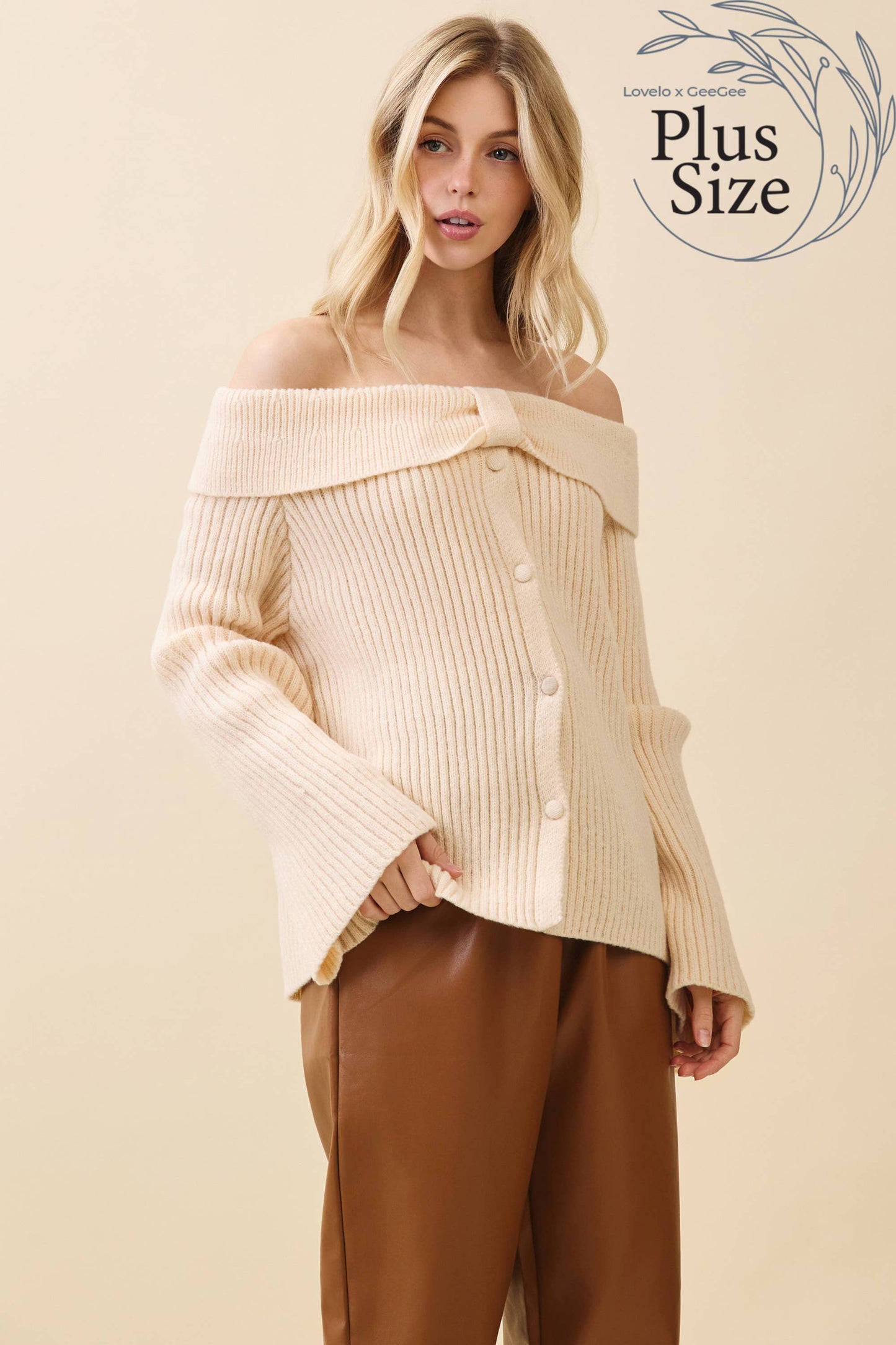 Cream- Curvy Elegant Off-Shoulder Ribbed Knit Top