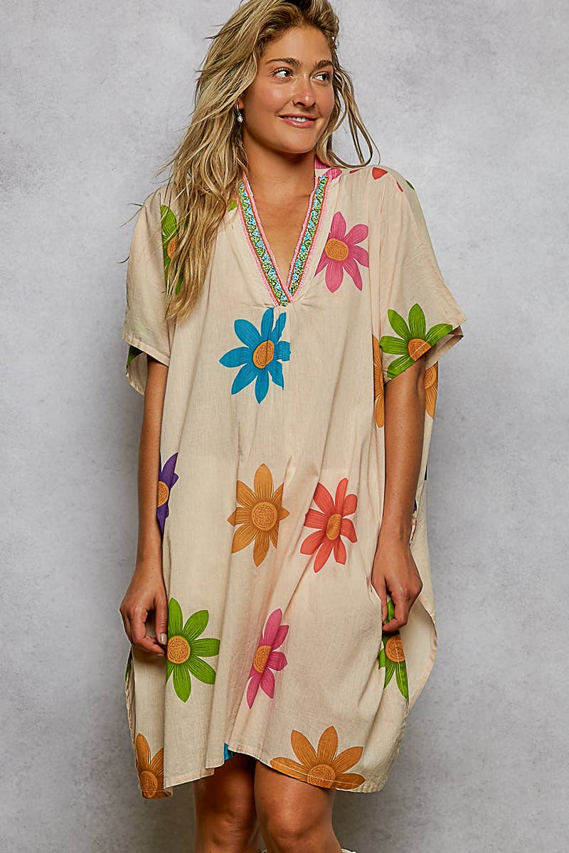 Pol Clothing - 1/2 Sleeve V neck Beads Trim Floral Printed Woven Dress