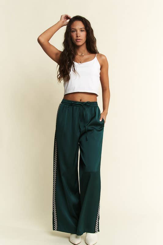 JADE BY JANE - SOLID SATIN SWEATPANTS WITH SIDE CHECKERBOARD TAPE