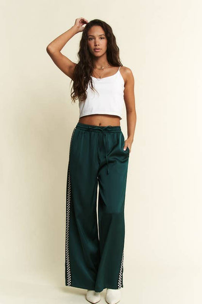 JADE BY JANE - SOLID SATIN SWEATPANTS WITH SIDE CHECKERBOARD TAPE