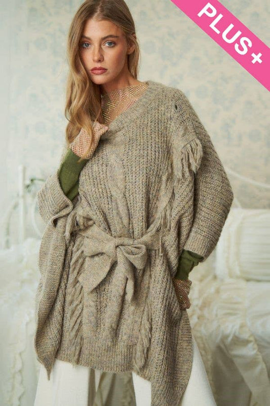 CURVY FRINGED TIE BELT FUZZY PONCHO PULLOVER TOP