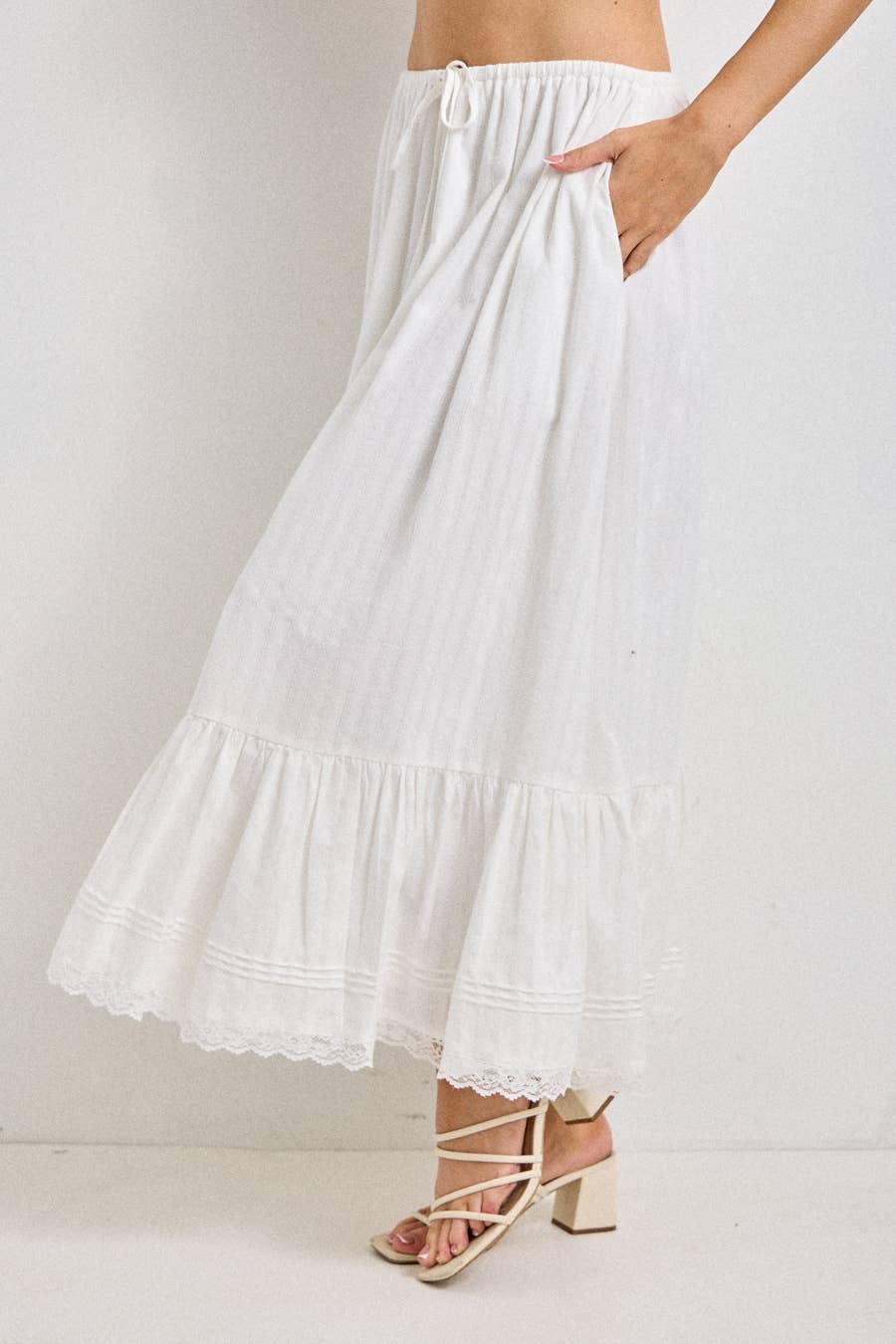 Baevely by Wellmade USA -TEXTURED COTTON DRAWSTRING MIDI SKIRT