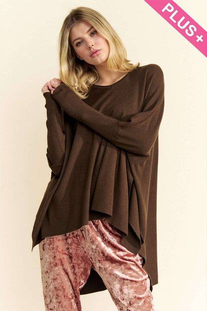 DK BROWN HIGH-LOW ASYMMETRICAL SOLID LONG SLEEVE SWEATER