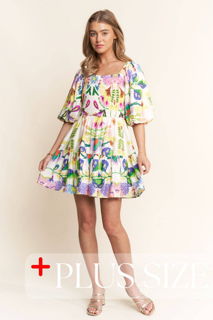 J.NNA - Floral Print 3/4 Puff Sleeve Short Dress