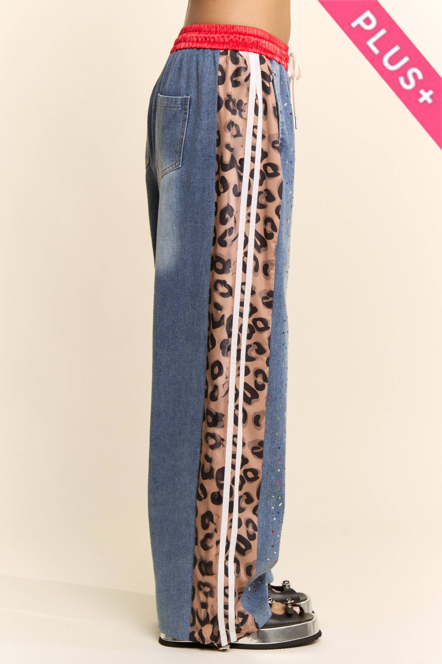 Davi & Dani - PLUS RHINESTONE JOGGERS CRYSTAL DENIM TRACK PANT
