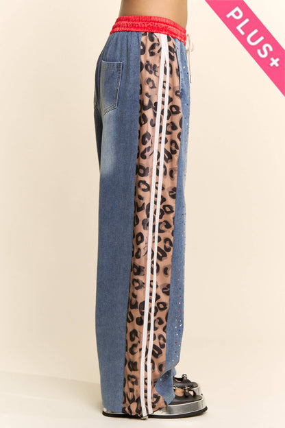 Davi & Dani - PLUS RHINESTONE JOGGERS CRYSTAL DENIM TRACK PANT