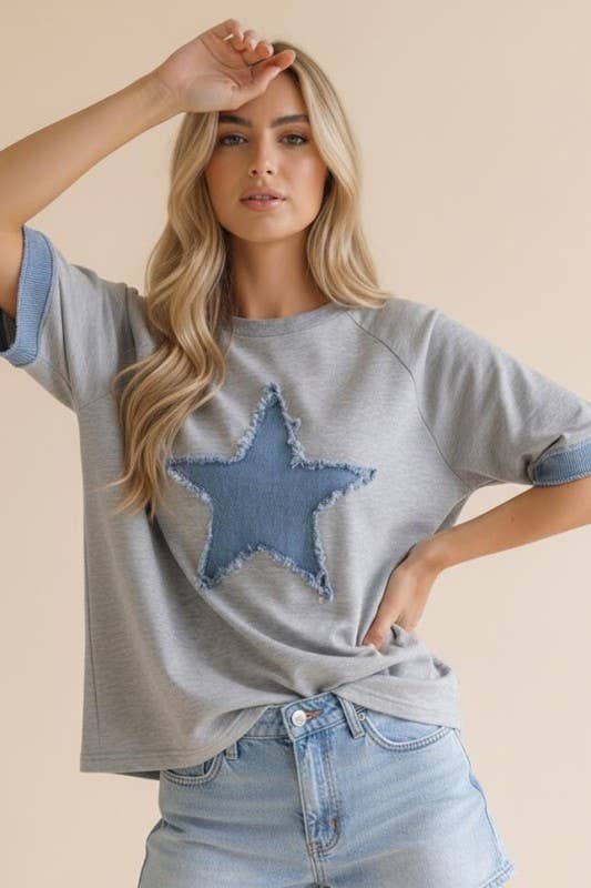 Denim Star Patchwork Washed French Terry Top