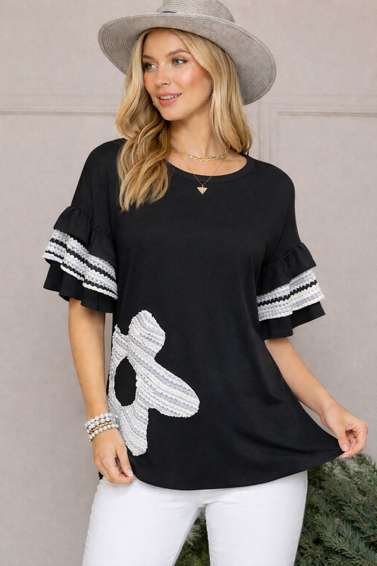 Black Floral Ruffle Sleeve Knit Top W/ Floral Appliqué
