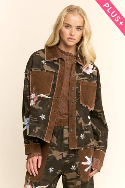 Davi & Dani - Plus - Camo Floral Embroidered Patch Pocket Pants