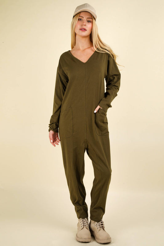 Olive- Curvy Solid Knit Baggy Comfy Jumpsuit