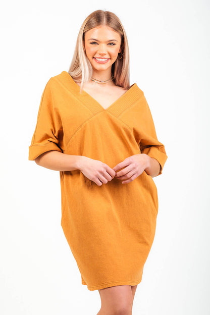 Camel Half Sleeve Acid Wash Dress