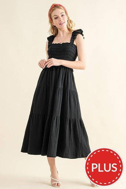 AND THE WHY- Black Ruched Shoulder Strap Cotton Midi Dress