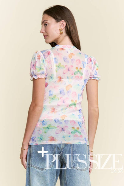 Pastel Butterfly Short Sleeve Mesh Top