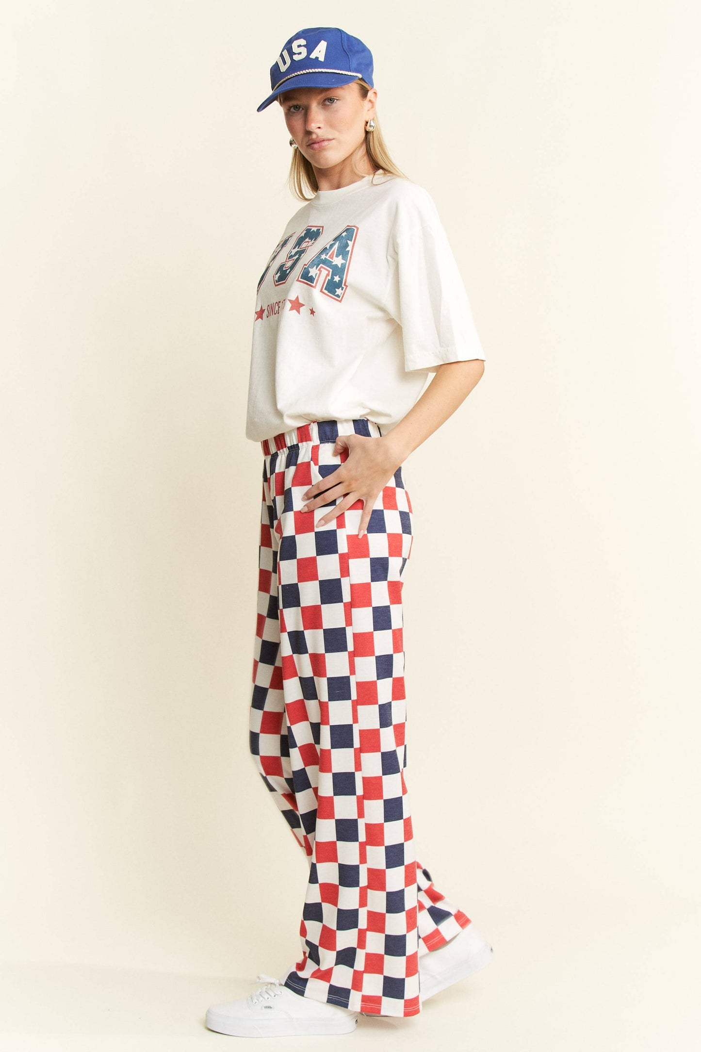 NAVY/WHITE HIGH WAIST CHECKERED KNIT PANTS