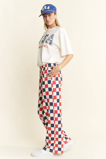 NAVY/WHITE HIGH WAIST CHECKERED KNIT PANTS