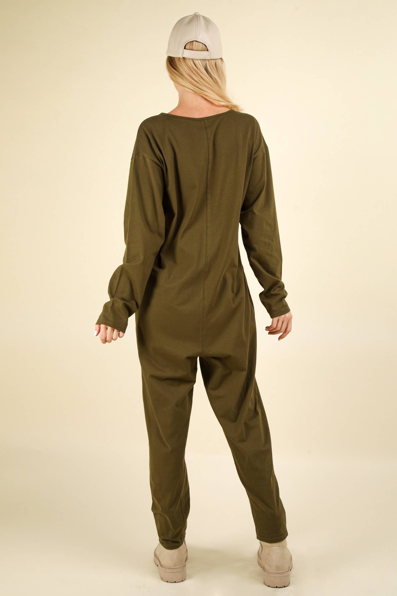 Olive- Curvy Solid Knit Baggy Comfy Jumpsuit