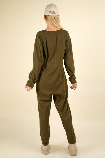 Olive- Curvy Solid Knit Baggy Comfy Jumpsuit