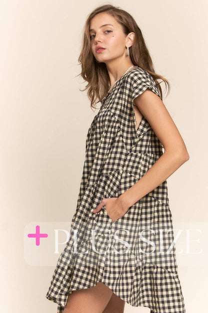 So Checkered V-Neck Short Sleeve Tiered Dress