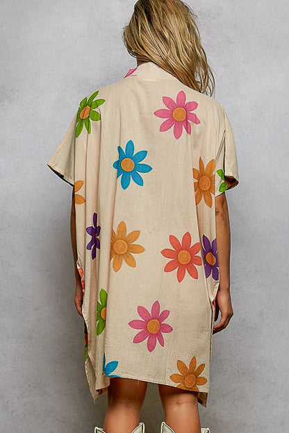 Pol Clothing - 1/2 Sleeve V neck Beads Trim Floral Printed Woven Dress