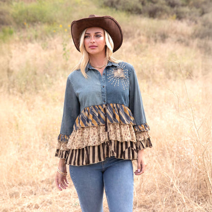 Young Threads - Vintage Boho Denim Yoke Patchwork Tiered Tunic Top  NEW