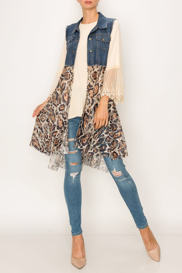 Origami Apparel ~  Lace and Crochet inspired - Chic Cropped Denim Lace Layer Vest- DENIM/LEO