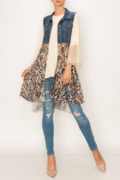 Origami Apparel ~  Lace and Crochet inspired - Chic Cropped Denim Lace Layer Vest- DENIM/LEO