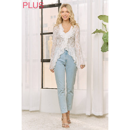 Sweet Generis - WHITE LACE RUFFLE V-NECKLINE TOP WITH LONG SLEEVES