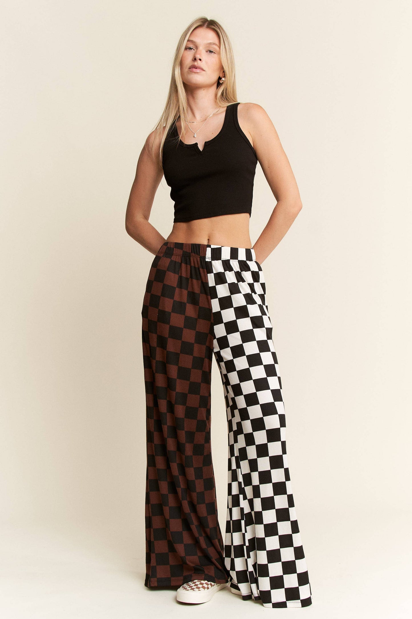 JADE BY JANE - PLUS SIZE SPLIT DECISION CHECKERED PANTS: Brown/Black