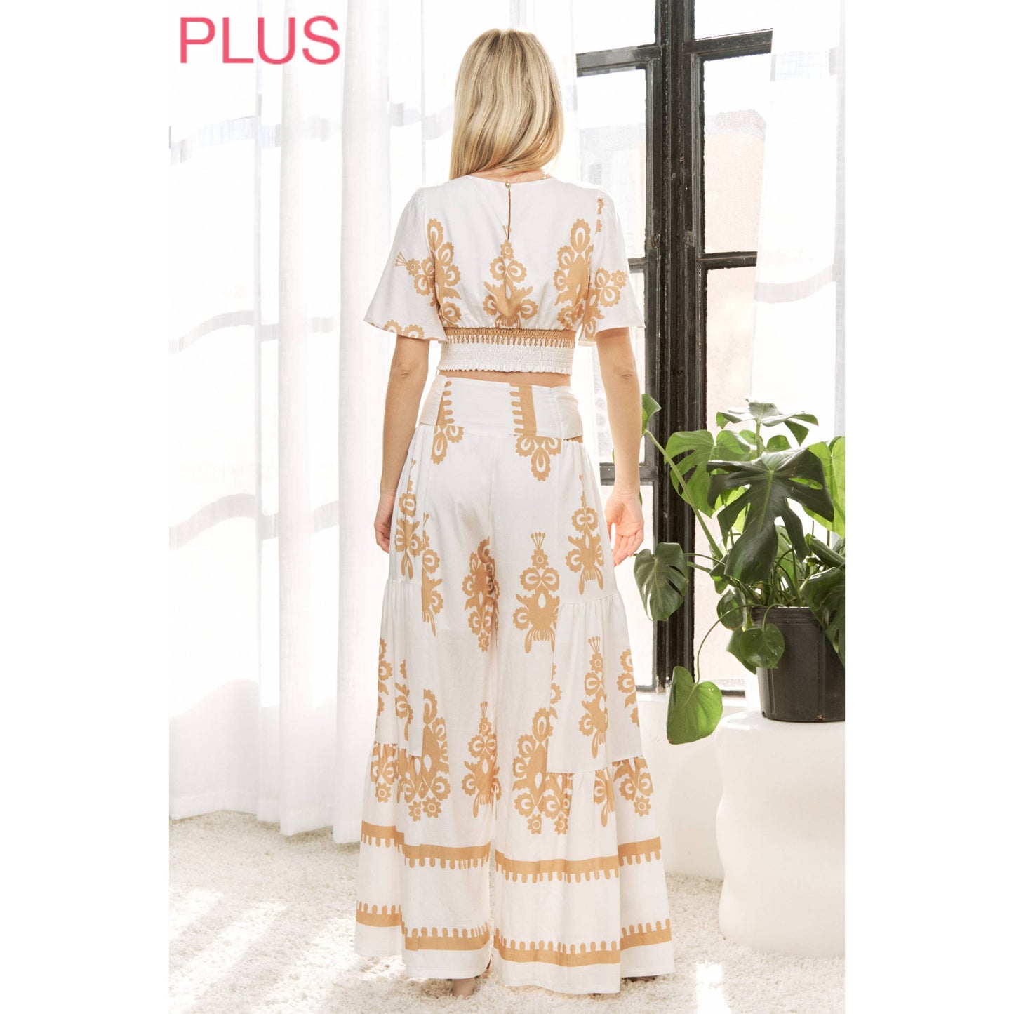 CURVY CHIC BOHO SELF BELTED WIDE LEG PANTS