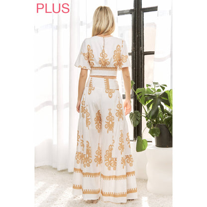 CURVY CHIC BOHO SELF BELTED WIDE LEG PANTS