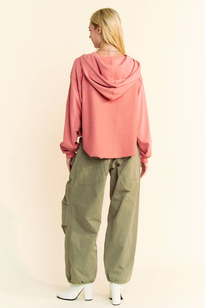 Coral - LONG SLEEVES PRINT TIE LOOSE FIT HOODIE TOP