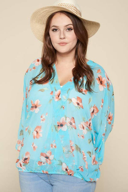 Mint Floral Chiffon Surplice Top