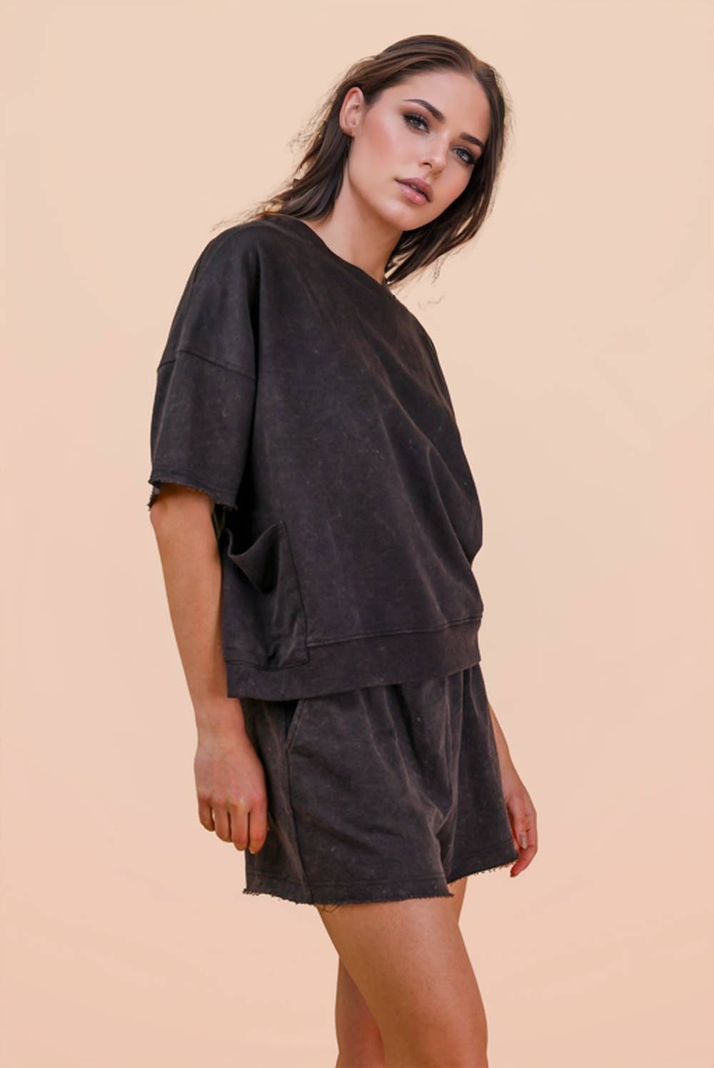 Black Mineral Washed Knit Casual Top & Shorts