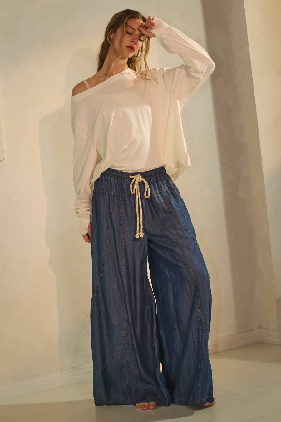 Chambray Dark Denim Wide Palazzo Pants