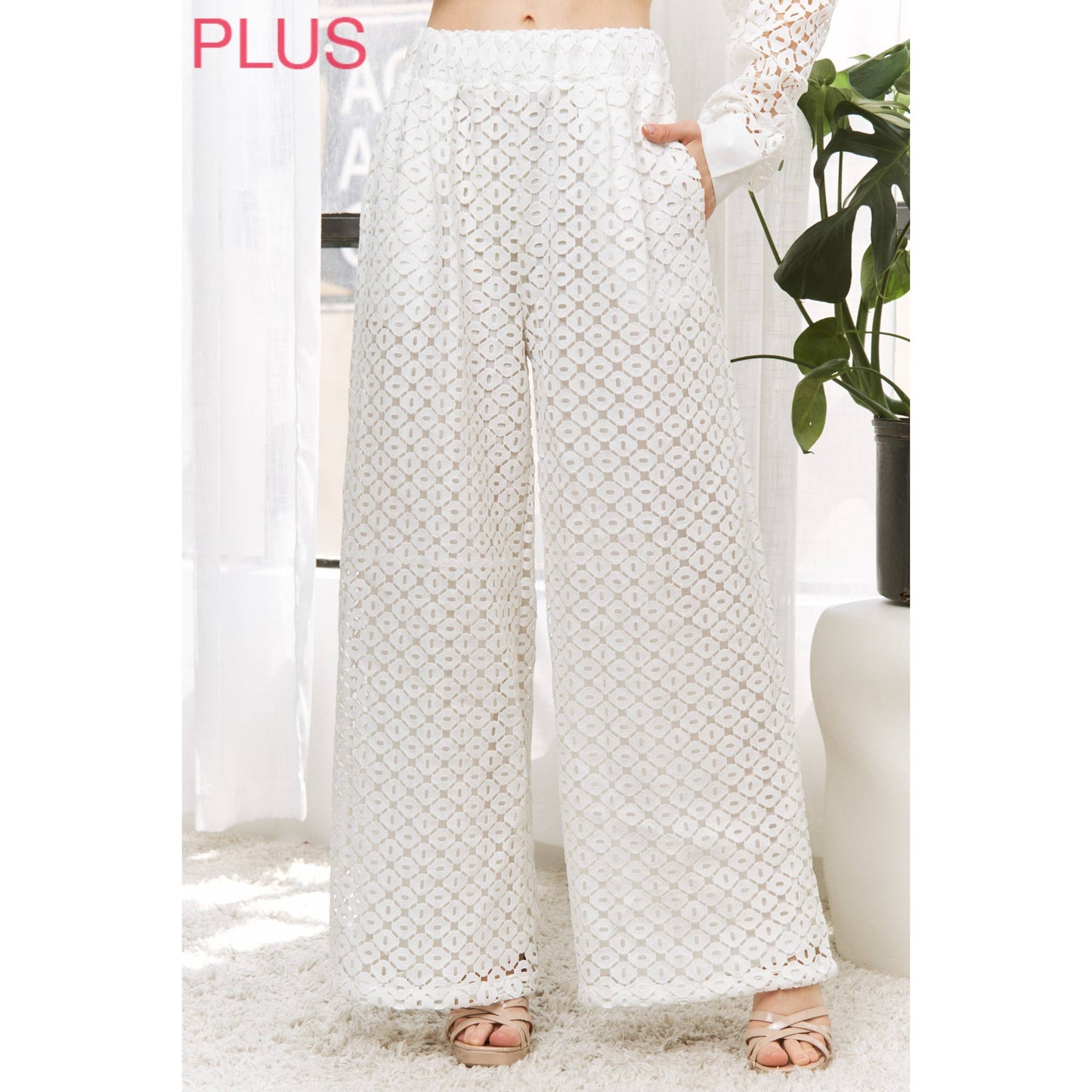 Sweet Generis- ELASTIC WAIST BAND CROCHET WITH WIDE LEG OPENING PANTS
